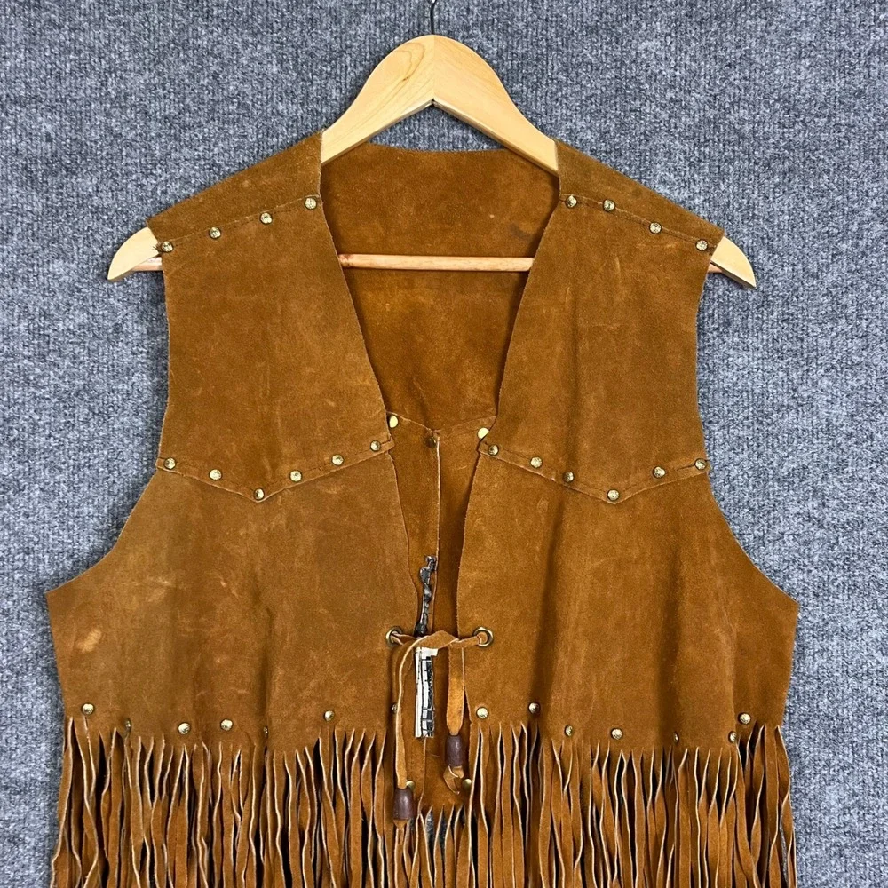Vintage Suede Fringe Vest Womens Large Brown Good Western Boho Studded Tie Front